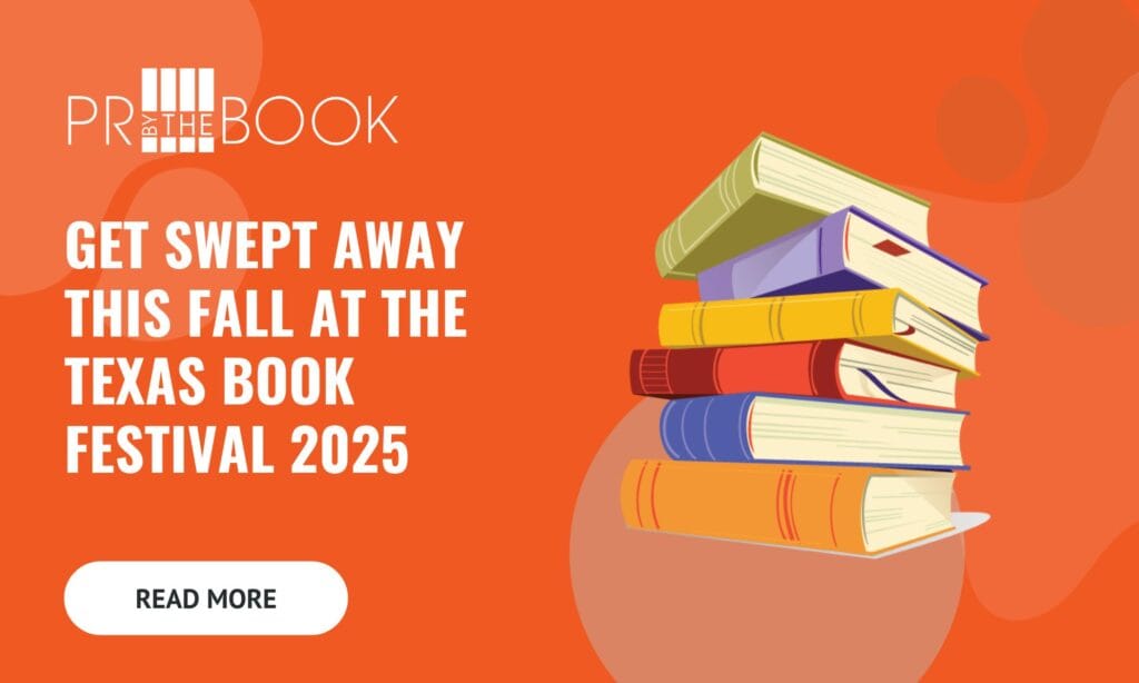 Orange rectangle with illustrated stack of books on right and words on left that say "Get Swept Away this Fall at the Texas Book Festival 2025"