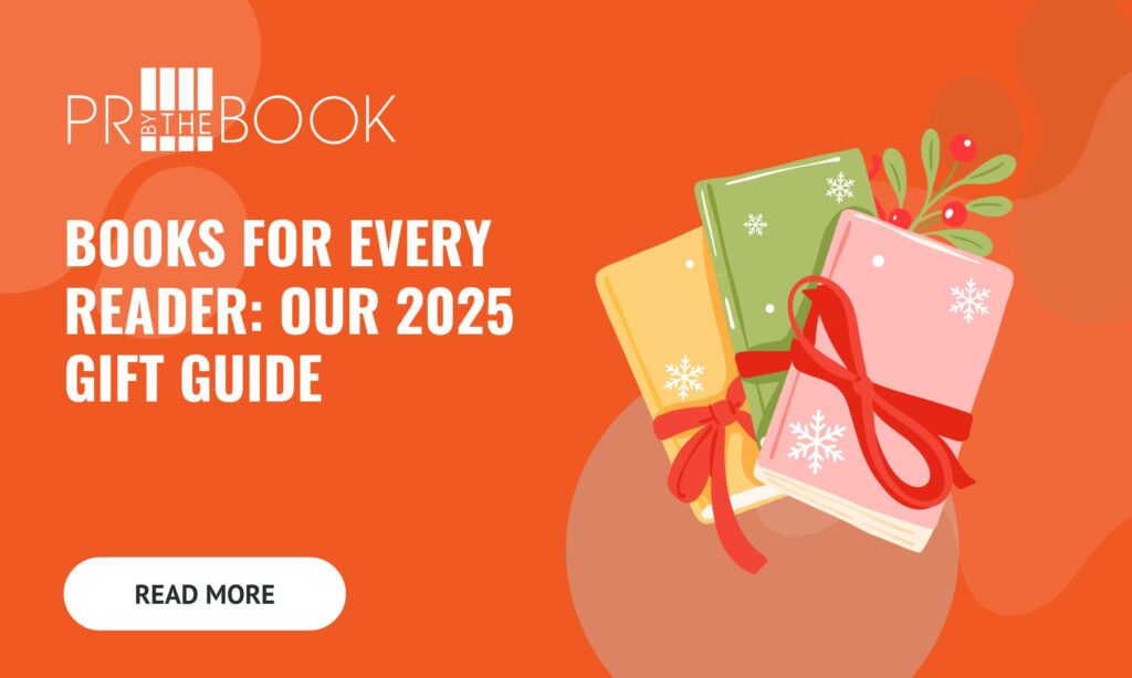 Orange background with illustrated graphic of yellow, green, and pink book with red bows and ivy and words in white to left "Books for Every Reader: Our 2025 Gift Guide"