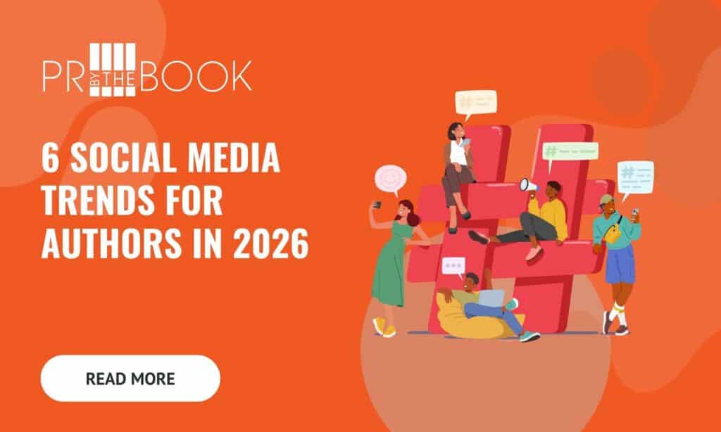 Orange background with white text "6 Social Media Trends for Authors in 2026" on the left and an illustrated cartoon graphic of people standing among a bigger-than-life hashtag, holding phones with emojis in the air