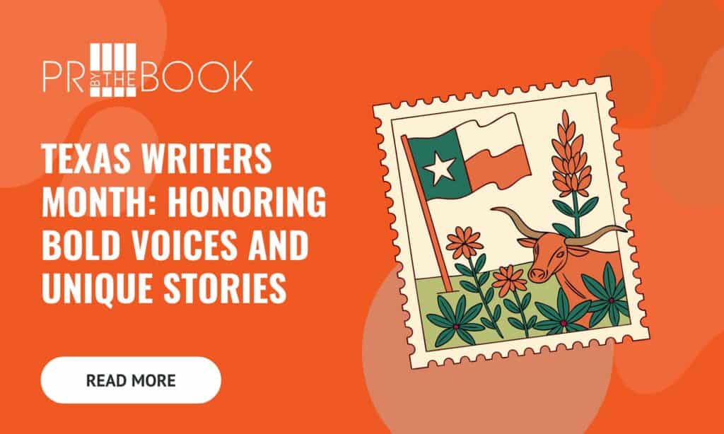 Orange background with white words on left "Texas Writers Month: Honoring Bold Voices and Unique Stories" and an illustrated graphic on the right of a postage stamp with the Texas state flag, blue bonnets, and a longhorn cow.