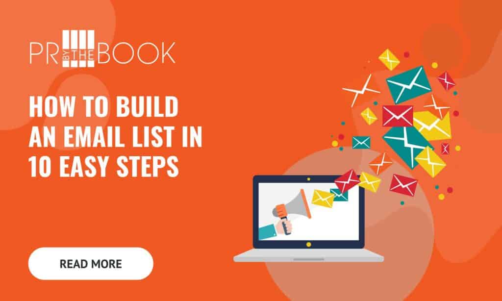 Orange background with white text on left "how to build an email list in 10 easy steps" and on the right an illustrated graphic of a computer with envelopes flowing out of it