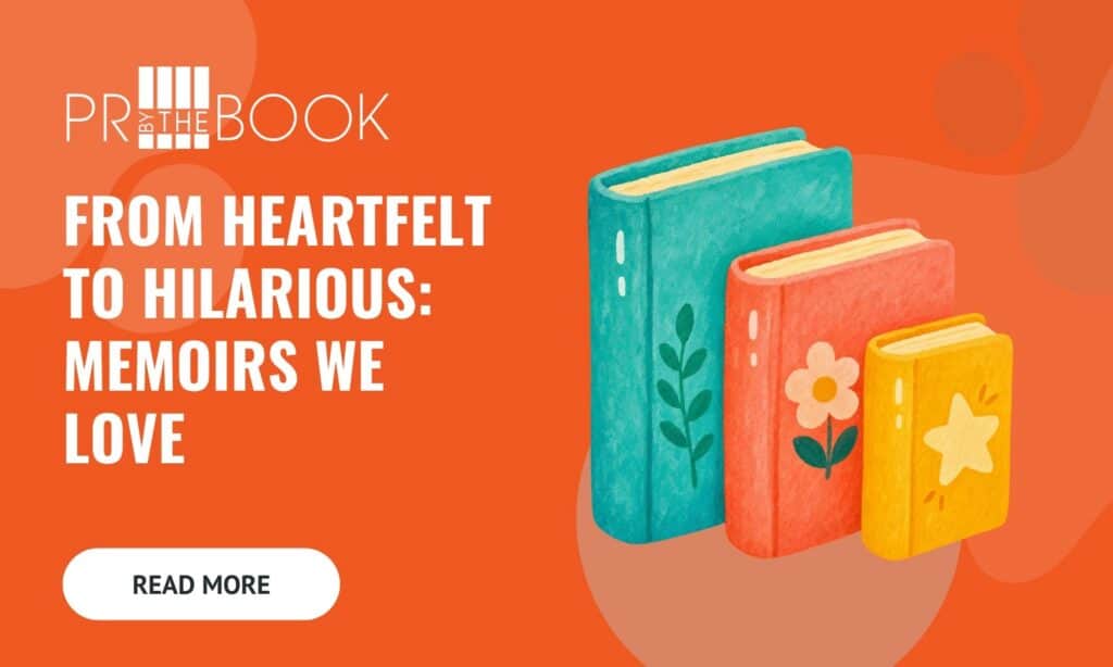 Orange rectangle with white text "From Heartfelt to Hilarious: Memoirs We Love" and illustrated graphic of 3 books to the right.